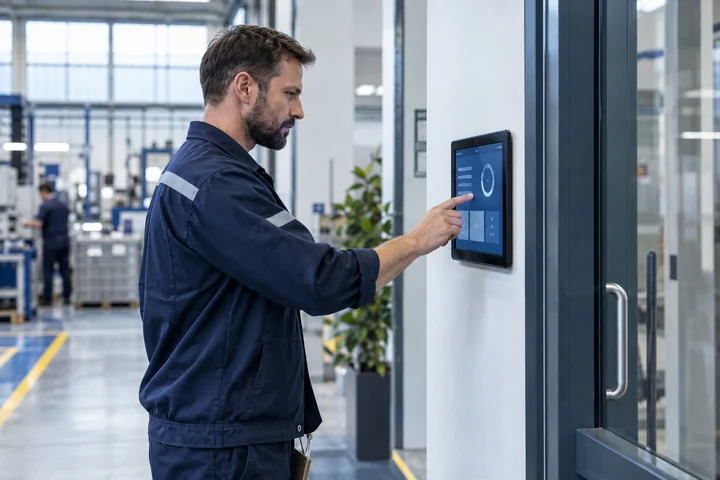An employee clocking in on a tablet at a factory entrance