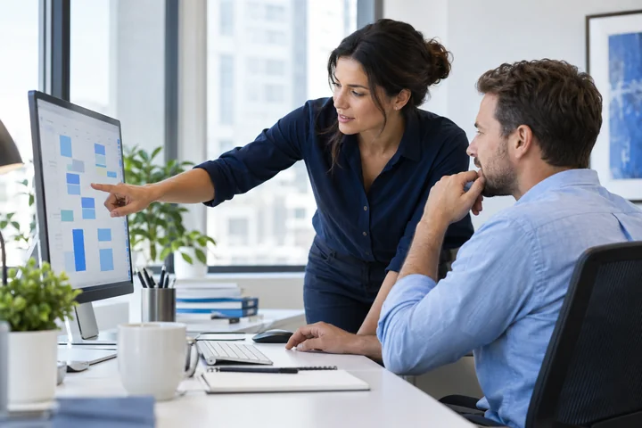 A staffing coordinator reviewing shift assignments with a colleague