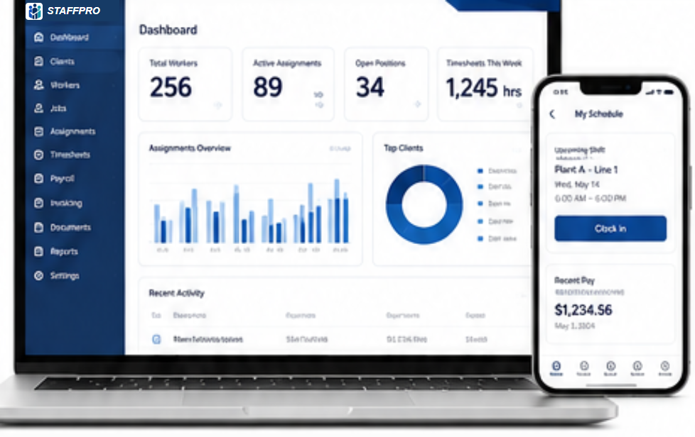 STAFFPRO desktop dashboard and mobile schedule with clock-in